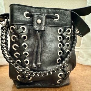 Patricia Nash Martina Black Leather Grommet Drawstring Bucket Shoulder Bag
